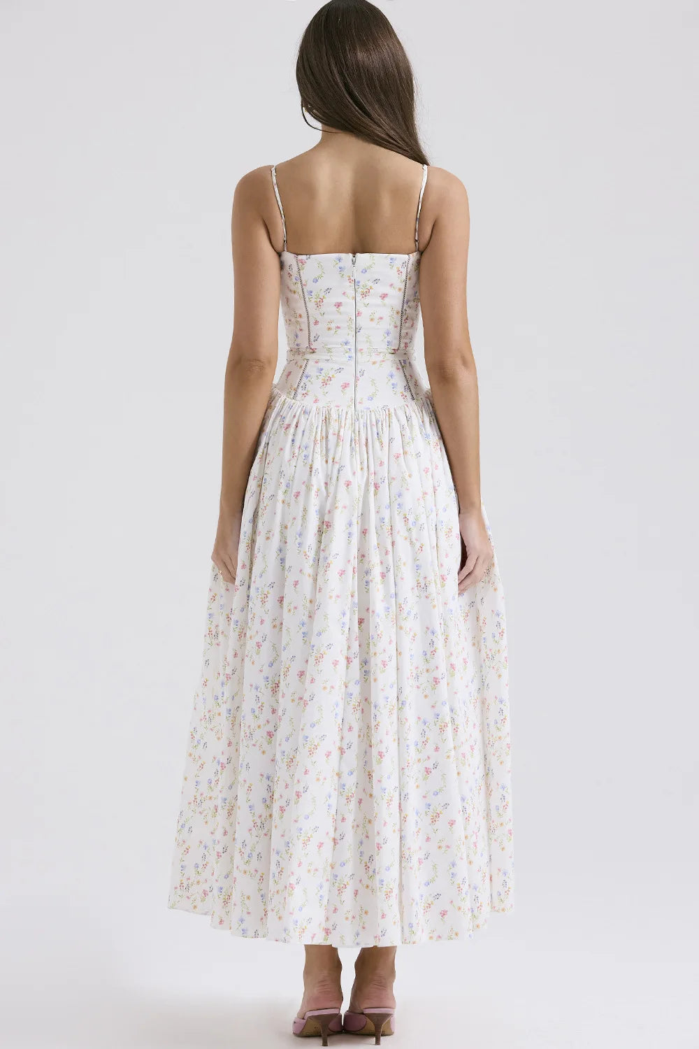 Spring Floral Print Chiffon Holiday Beach Dress Women Sexy V Neck Backless Sling Long Dress Summer Sleeveless Pleated Maxi Dress