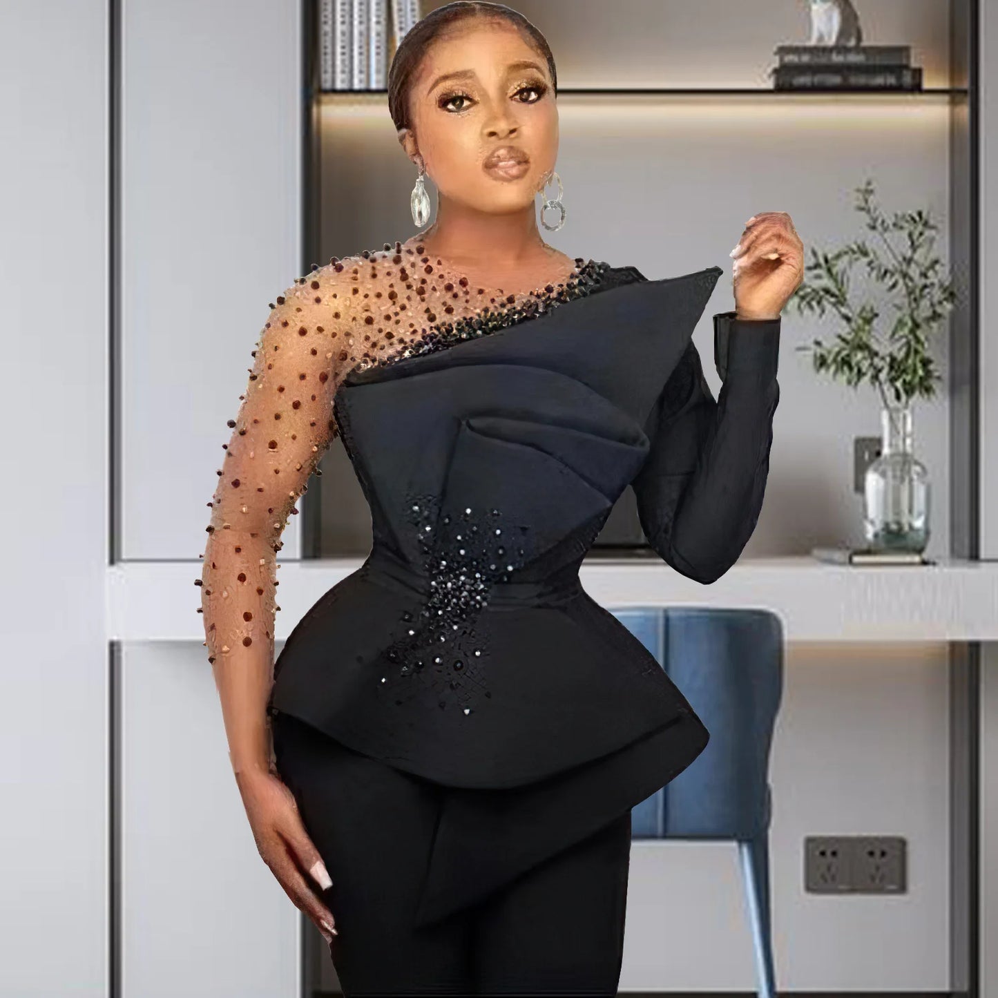 CM.YAYA Vintage Women Beading Mesh Patchwork Ruffles Fan-shaped Blazer Tops and Pants Suit Two 2 Piece Set Outfits Tracksuit