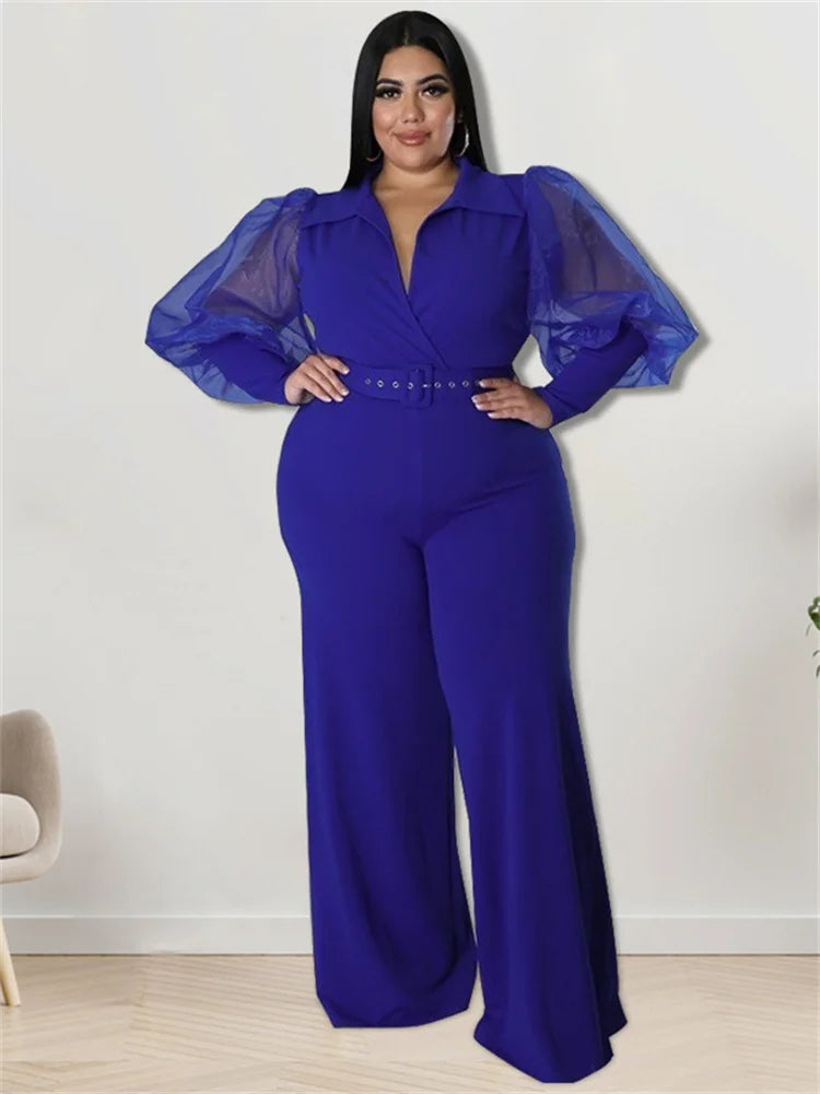 Wmstar Jumpsuit Plus Size Women Clothes V Neck with Belt Single Mesh Sleeve Elegant Bodysuit Office Lady