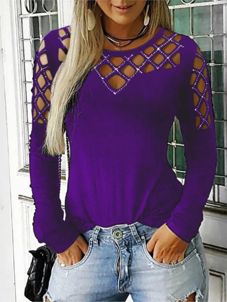 Autumn Winter New Women's Fashion Solid Color Hollow Diamond Splicing Long Sleeve T-shirt Casual Comfortable Top For Women