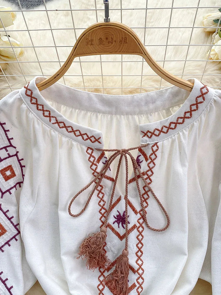 Women's Spring Dress Bohemian Retro Ethnic Style Diamond Cotton Linen Blend Embroidered Lantern Sleeves Mini Dress DS003