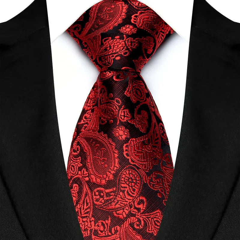 Luxury 8CM Mens Necktie Red Color Solid Stripes Paisley Ties For Man Groom Jacquard Woven Neck Tie For Business Wedding Party