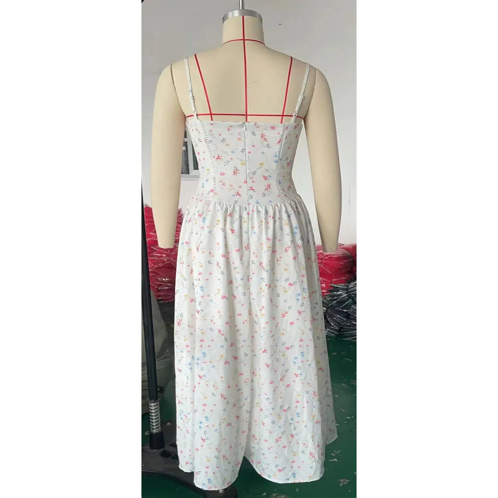 Spring Floral Print Chiffon Holiday Beach Dress Women Sexy V Neck Backless Sling Long Dress Summer Sleeveless Pleated Maxi Dress