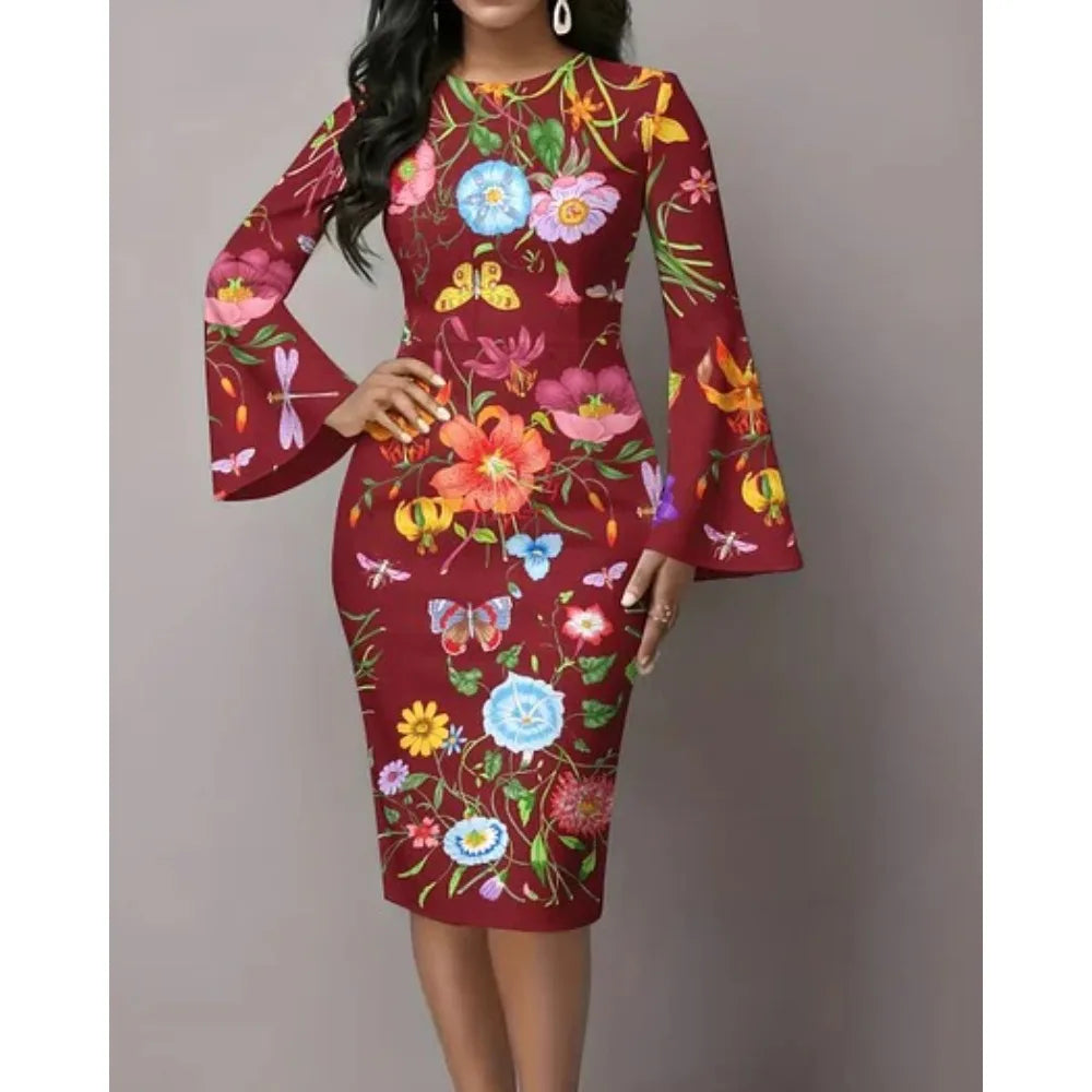Women's Elegant Bodycon Dress with Flared Sleeves Unique Blue & Gold Metallic Swirl Print Boho Chic Midi Dress for Night Out