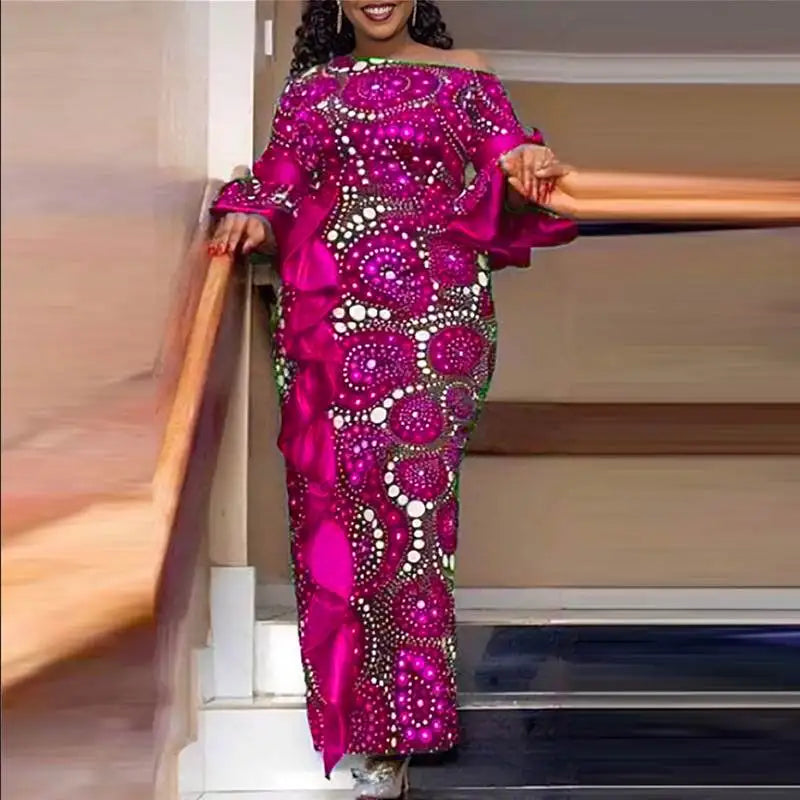 Plus Size 5XL VONDA Women One Off Sholuder Maxi Dress Bohemian Ruffled Printed Vestidos 2024 Fashion Casual Floor-Length Robe