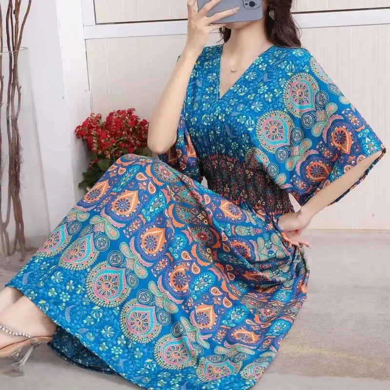 Spring New In Women's Dress V-Neck Short Sleeve Dress Elegant Sweet Print Dress Casual Retro Boho Elastic Waist A-Line Dress