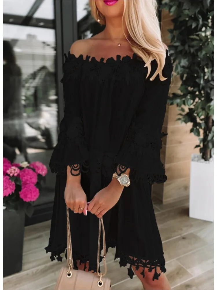 Spring Autumn New Women Sexy Strapless One Shoulder Solid Color Dinner Dresses Fashion Lace Lace Casual Loose Party White Dress