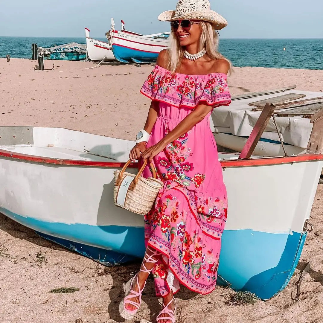 2024 Spring Summer Women's New Sexy One Shoulder Off Shoulder Fashion Red Flower Printed Lace Up Waist Long Swing Dress
