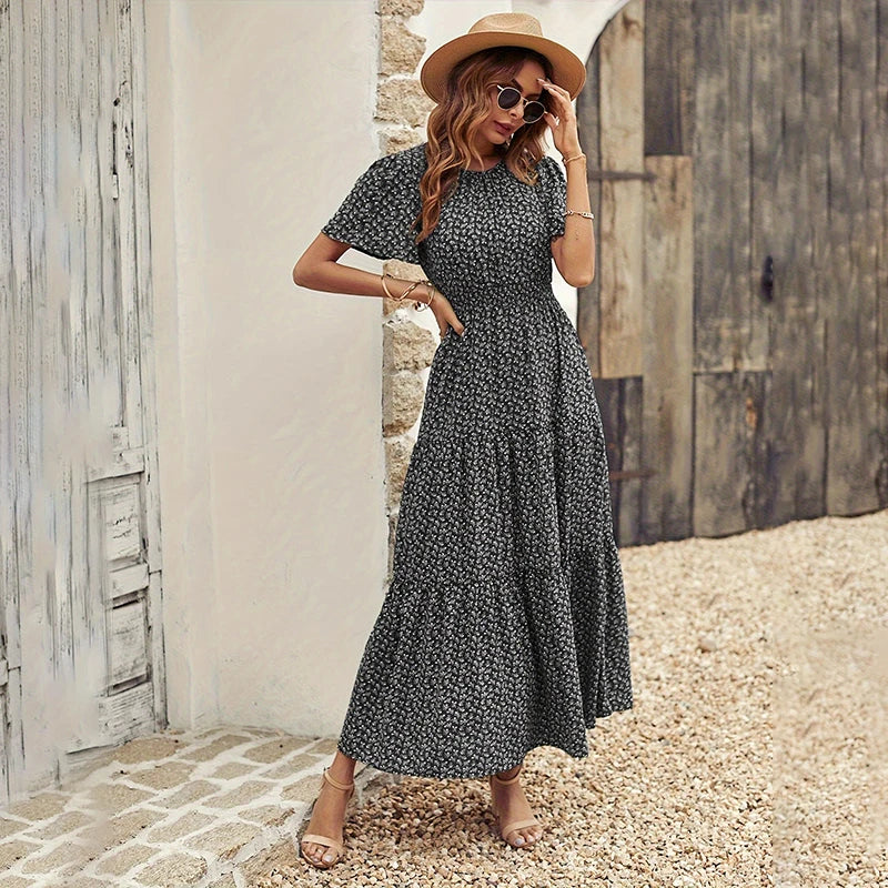 Spring Summer Tierred Dress Women Midi Dresses Female Short Sleeve Elastic Waist Printed Floral Pleated Backless Casual Dress