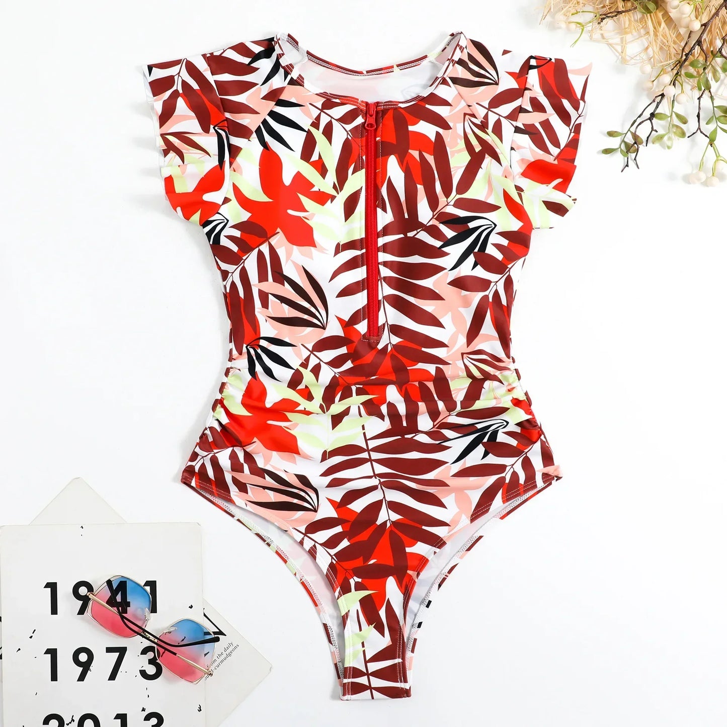 2024 Fashion Short Dress One-piece Swimsuit Zipper Swimsuit Sexy Bikini Women's Thickened Printed Swimming Beach Wear Summer