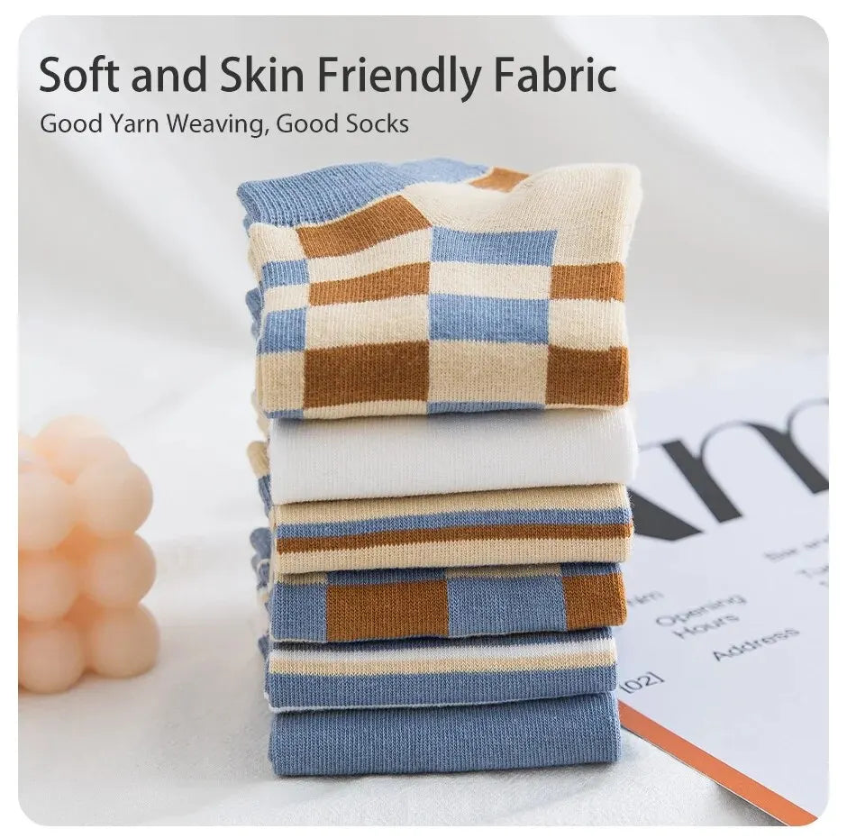 6 Pairs of Women's Spring and Summer Four Season Striped Plaid Fashion Trend Simple and Comfortable Sports Style Socks