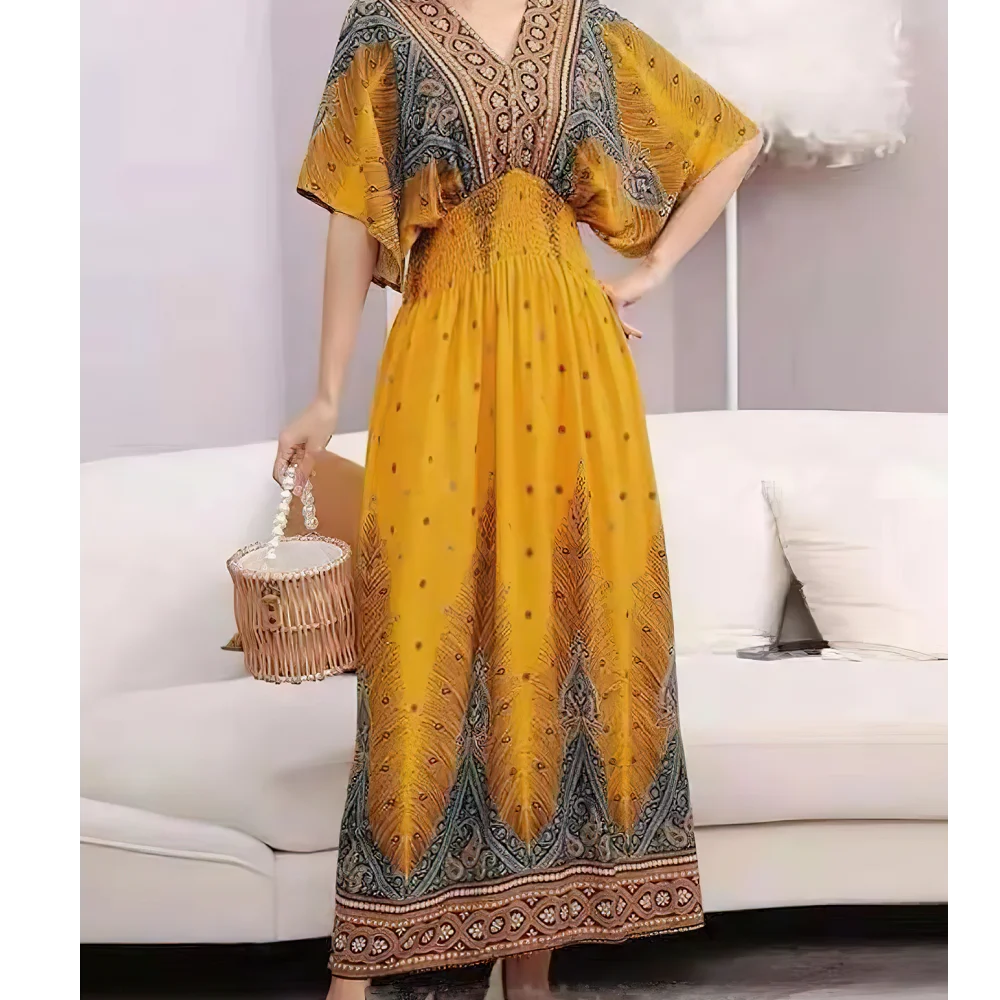 Spring New In Women's Dress V-Neck Short Sleeve Dress Elegant Sweet Print Dress Casual Retro Boho Elastic Waist A-Line Dress