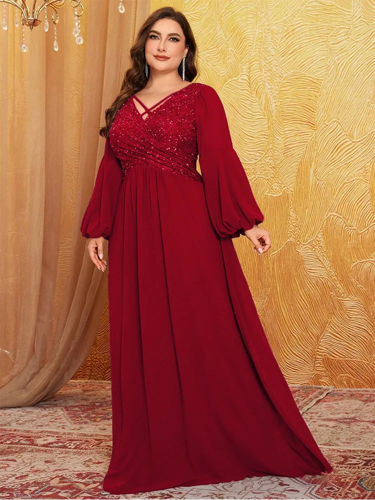 Plus size pink sequined long-sleeved sequined floor-length chiffon evening dress Big Size luxury sparkling banquet Prom Gown