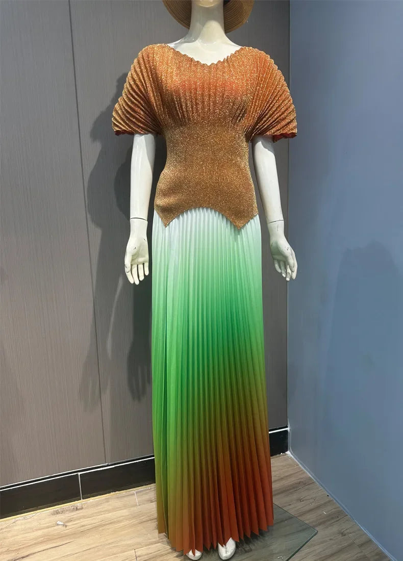 ANLAN Pleated 2 Pieces Set Women Fashion V Neck Short Batwing Sleeves Irregular Hem T-shirt&New Gradient A-line Folds Long Skirt