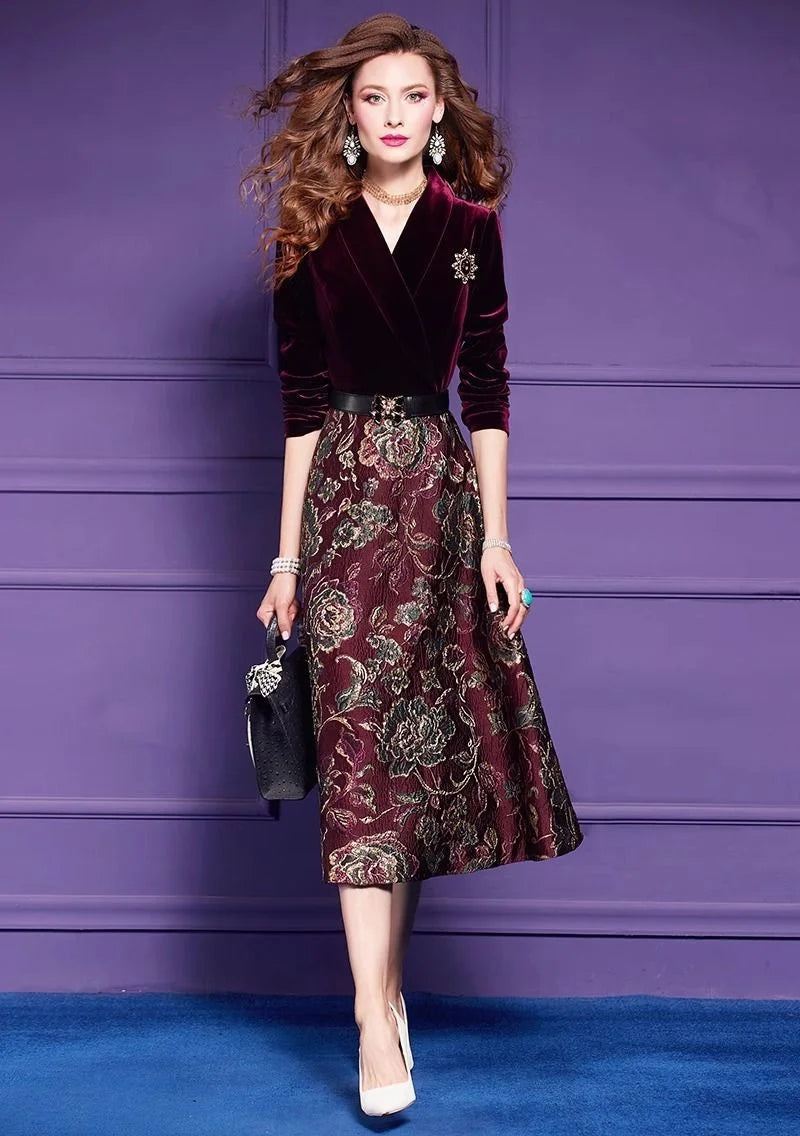 Spring Autumn Dress High End Women's Elegant Dresses Female Jacquard Gold Velvet Korean Slim Evening Party Female Maxi Vestidos