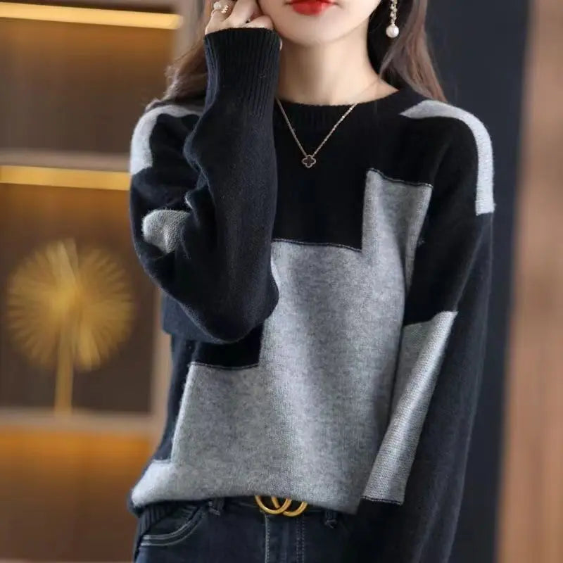 Autumn Winter Contrast Color Pullover Sweater Lady Loose Casual Fashion All-match Knitting Jumpers Ladies Oversized Bottomed Top