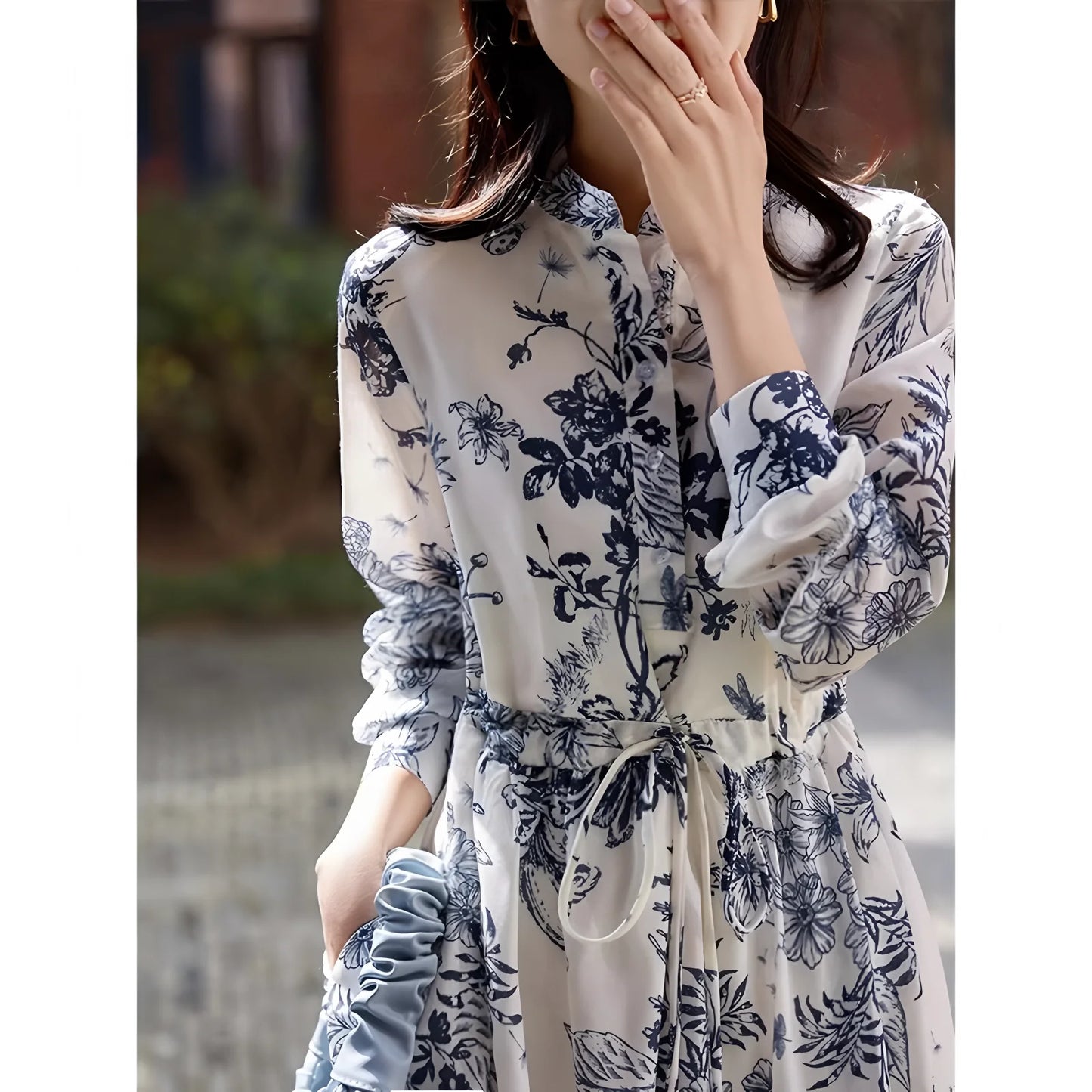 Women's spring and fall vintage print dress interpretation of elegant temperament lace-up slim French long sleeve long skirt