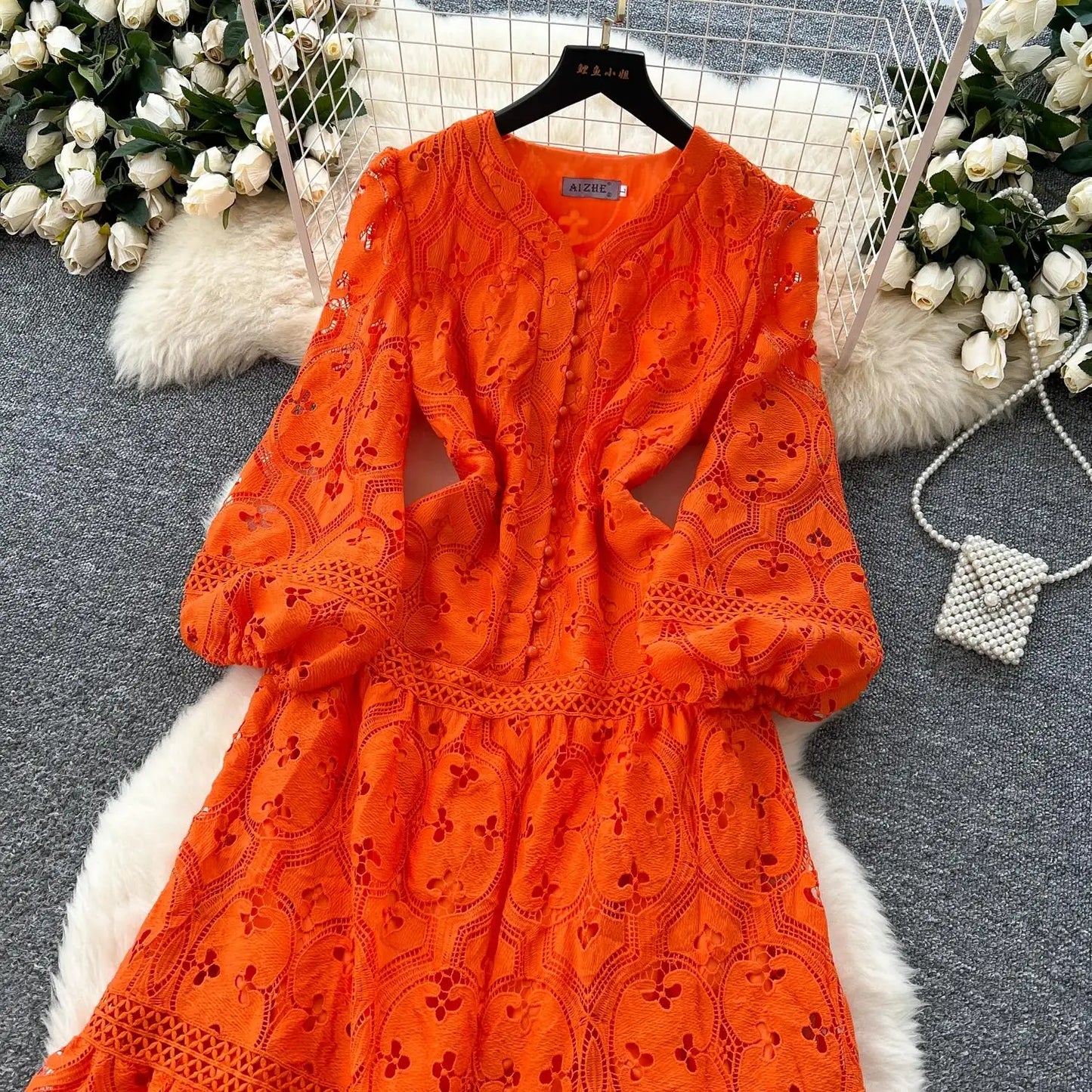 Spring French Vacation Fashion Dress Women Buttons Hook Flower Hollow Out Design 2025 High Quality Lace Ruffles Long Dress