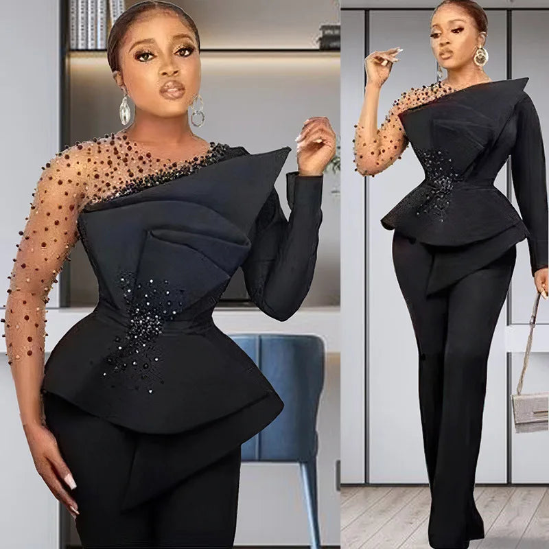 CM.YAYA Vintage Women Beading Mesh Patchwork Ruffles Fan-shaped Blazer Tops and Pants Suit Two 2 Piece Set Outfits Tracksuit