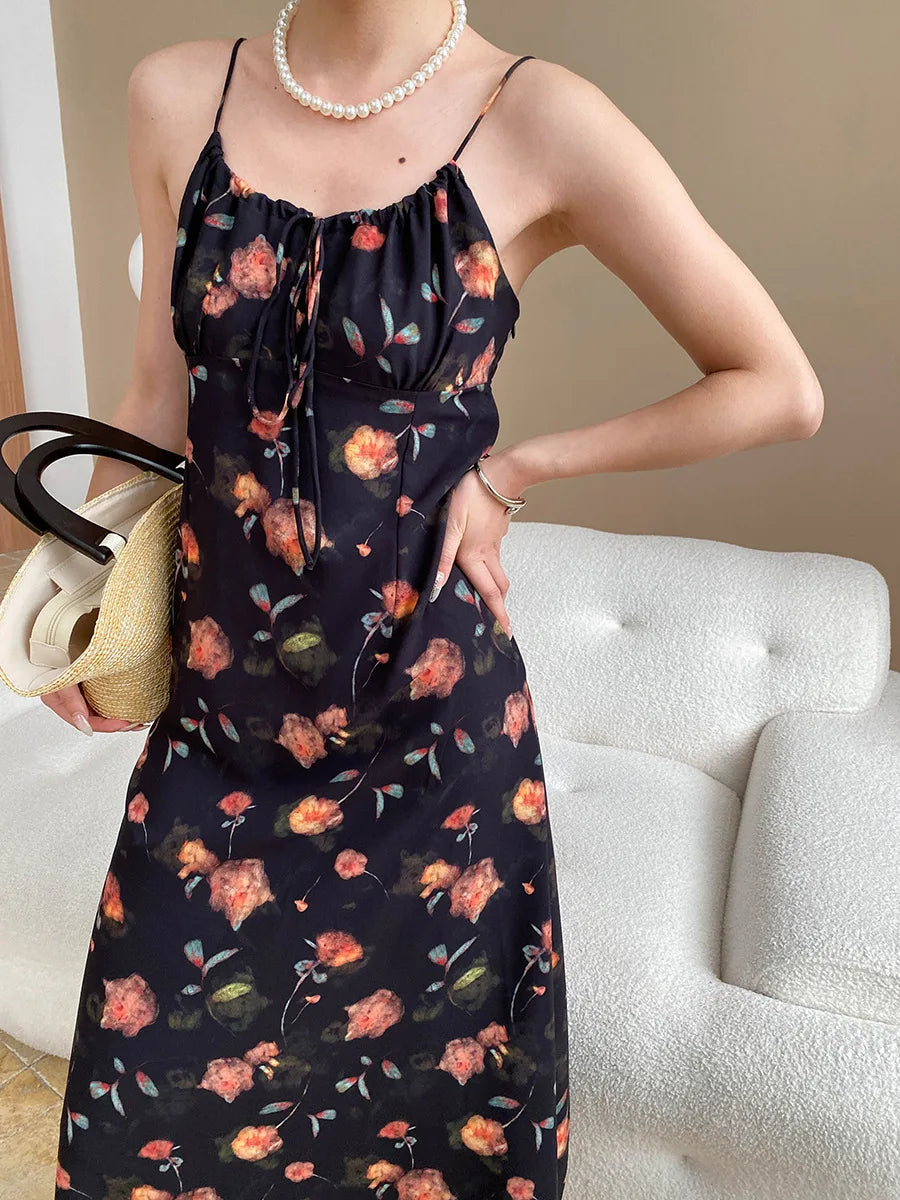 Spring and summer women's casual flower print slim fit suspender dress