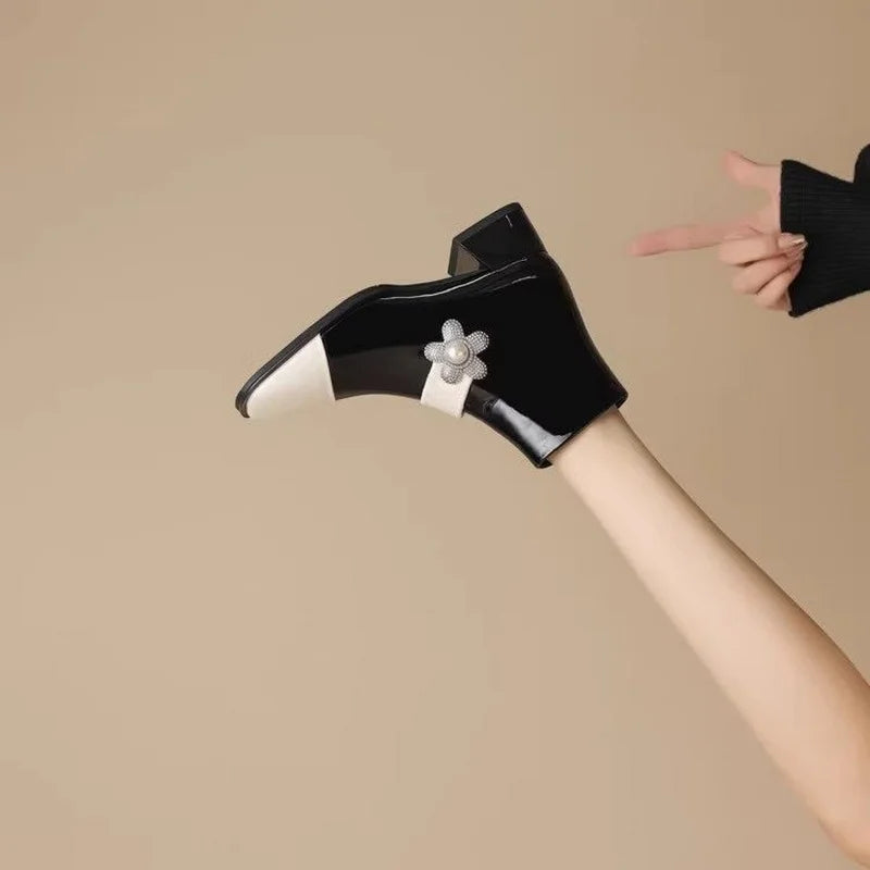 FHC Mixed Colors Ankle Boots,Women's Short Botas,Autumn/Winter Shoes Booties,Square Toe,Pearls,Side Zip,Black,White,Dropship