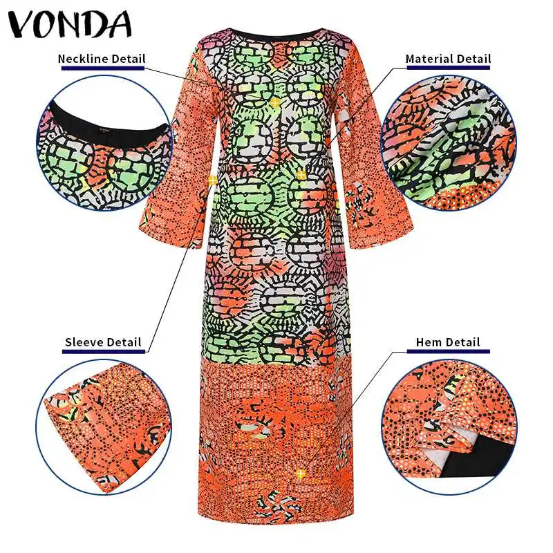 VONDA Women Dresses Bohemian Printed Long Flare Sleeve Vestidos 2024 Causal Sundress Robe Round Neck Loose Robe Oversized