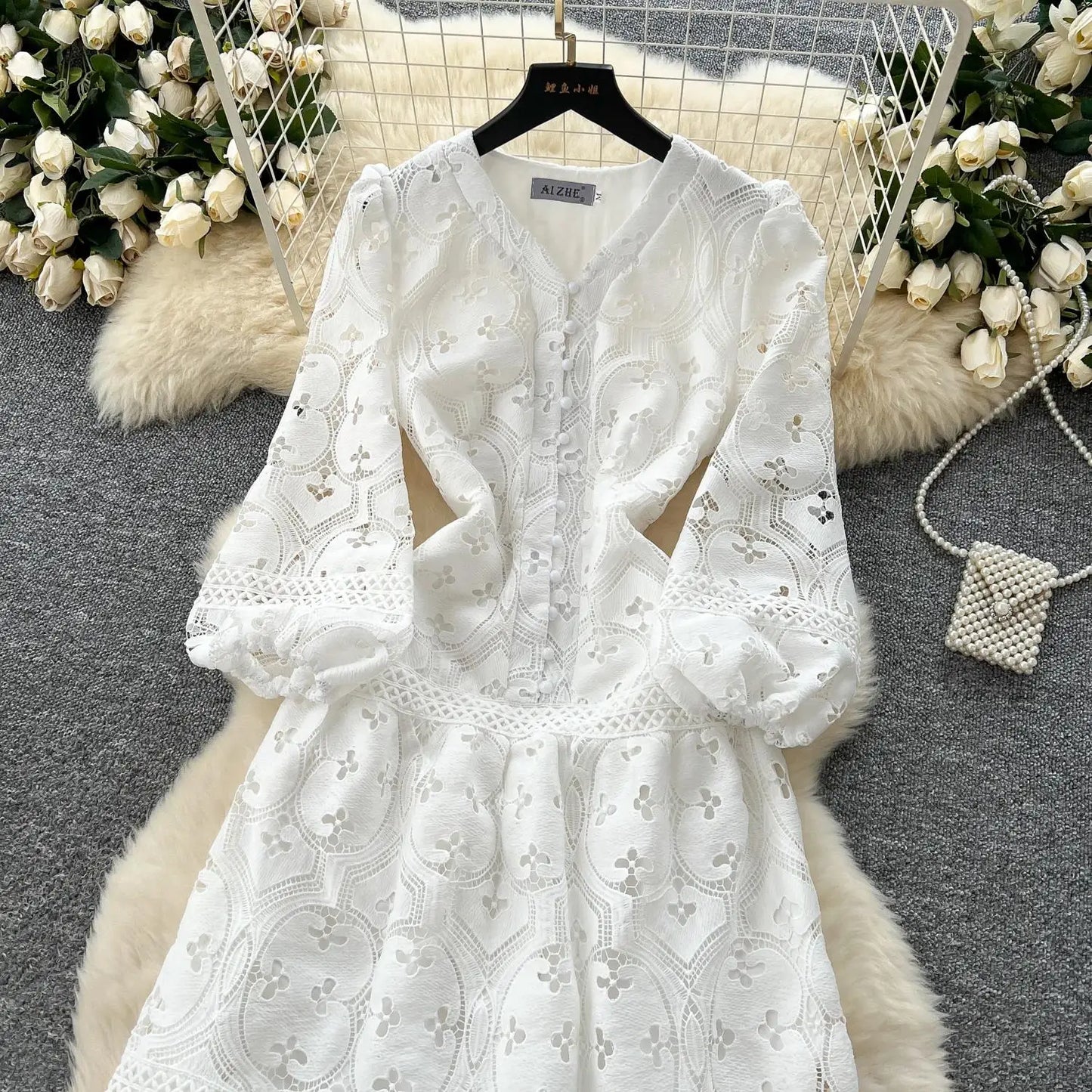 Spring French Vacation Fashion Dress Women Buttons Hook Flower Hollow Out Design 2025 High Quality Lace Ruffles Long Dress