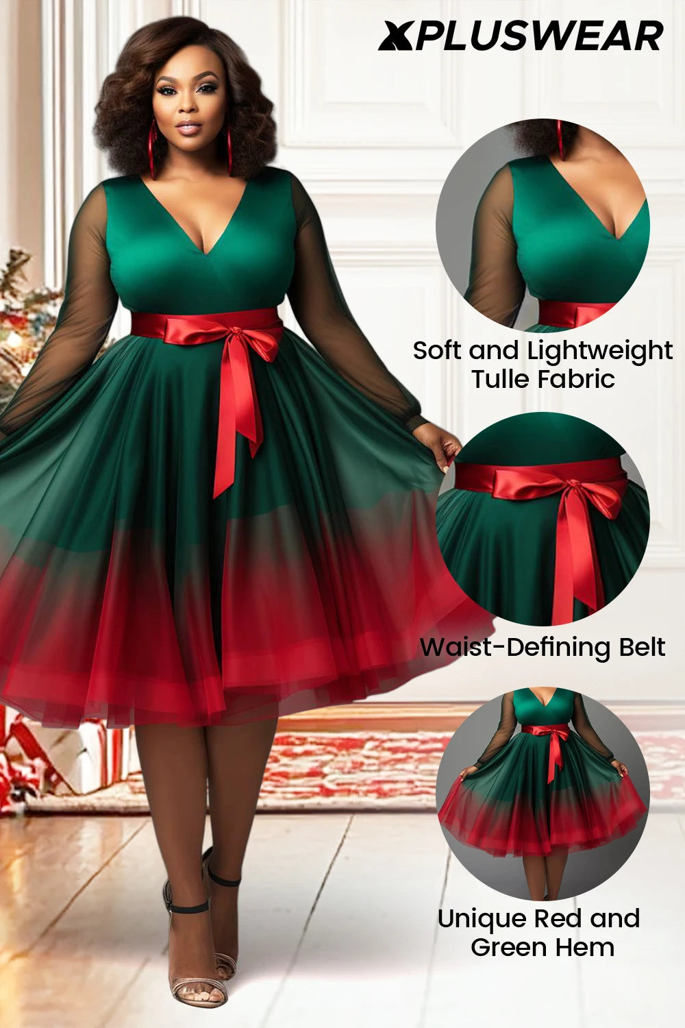 Plus Size Christmas Emerald Green Gradient V Neck Lantern Sleeve Long Sleeve See Through Wrap Tulle Mini Dresses