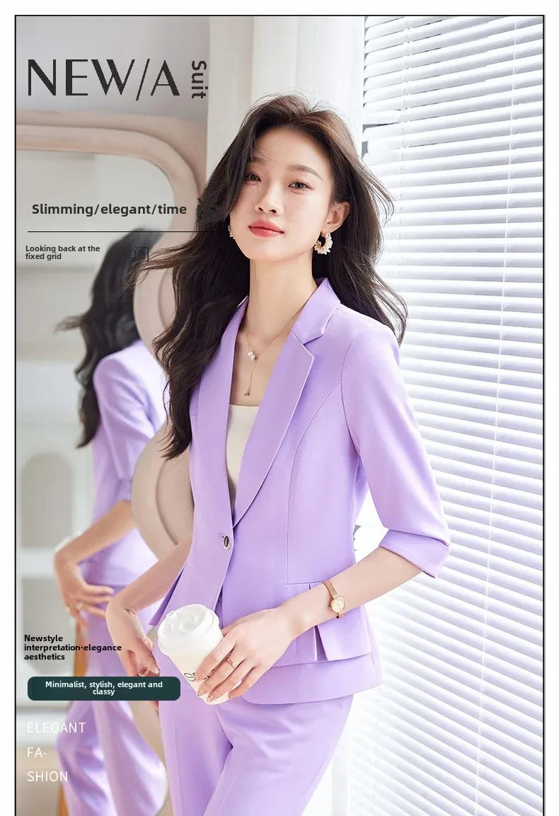 2024 Summer New Women's Petite Casual Seven-Half Sleeve Professional Workwear Purple Thin Suit Jacket Pants Set