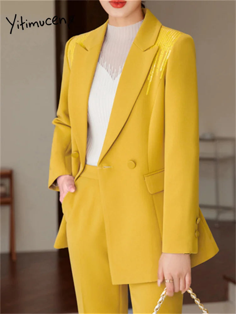 Yitimuceng Solid Office Wear Women 2 Piece Sets 2025 New Fashion Sequins Long Sleeve Blazers Chic High Waist Flare Pants Suits