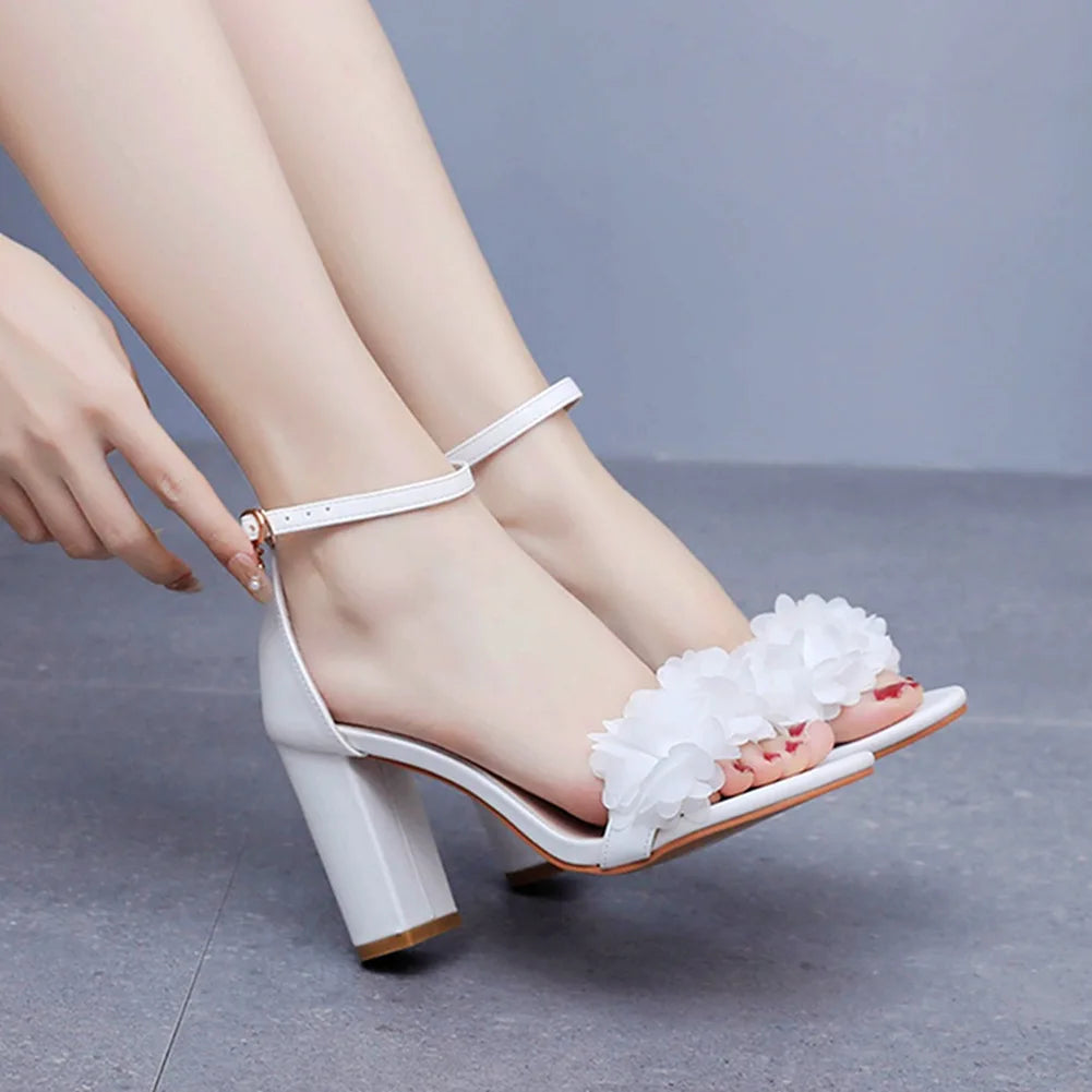 Flower Band Bridesmaide Shoes Woman Wedding High Heels Sandals Ankle Strap Wedges Cover Heeled Tacones Ladies Office Dress Pumps