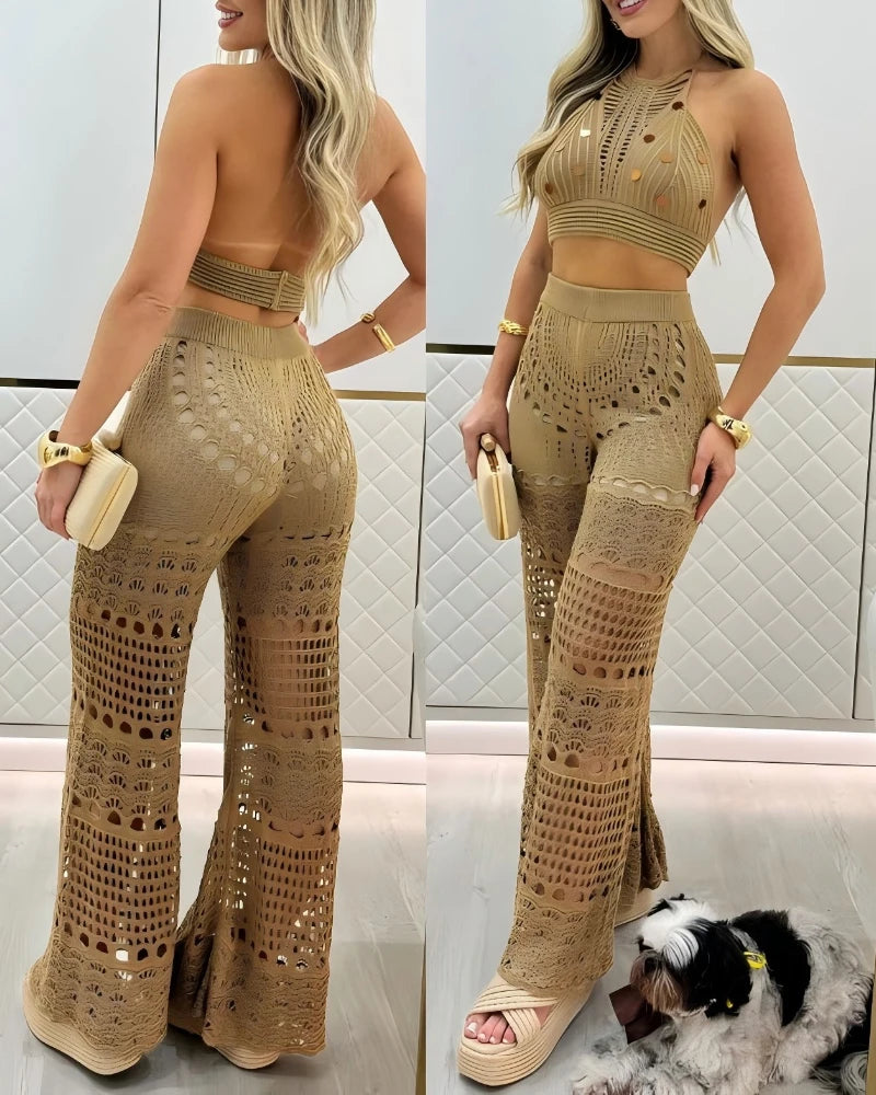 Women's Sexy Suits 2025 Spring Summer Latest 2 Piece Thick Strap Button Front Slim Fit Tank Top High Waist Wide Leg Pants Set
