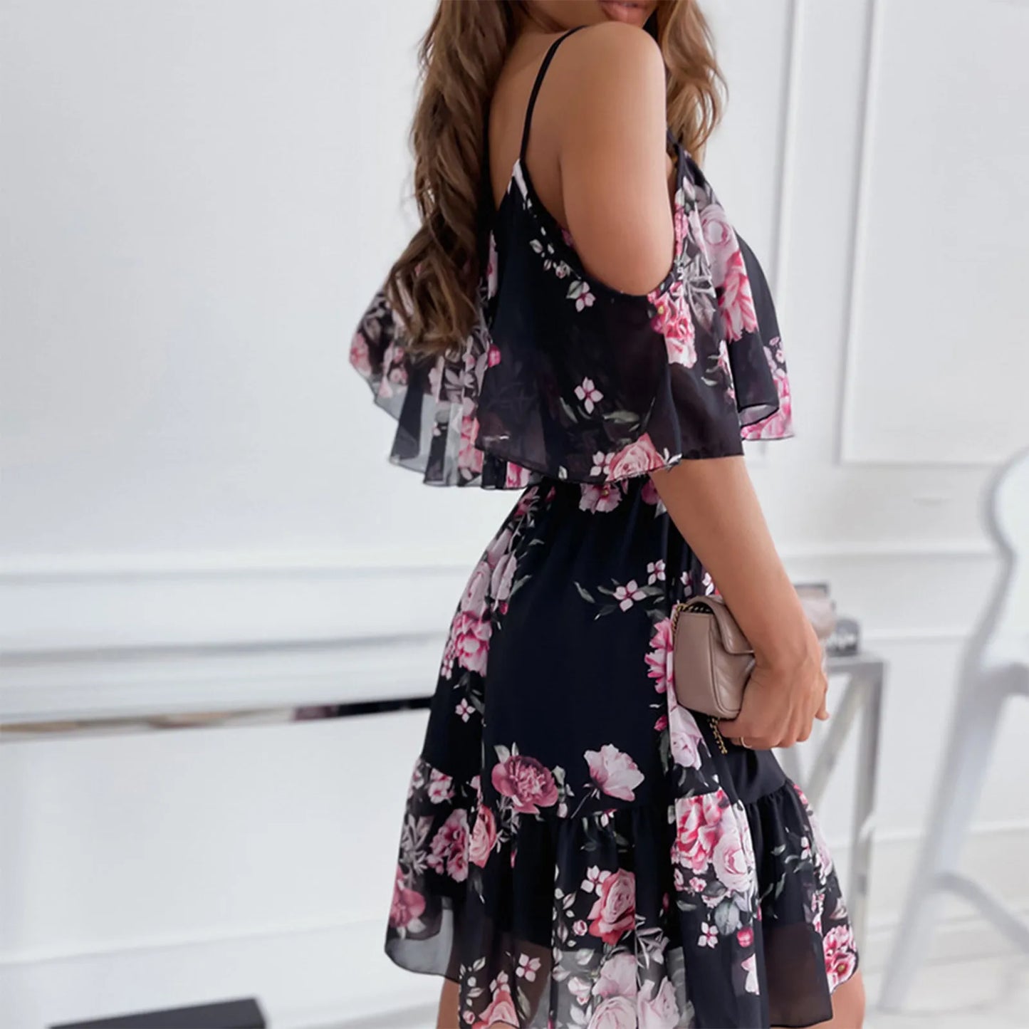 Women'S Spring/Summer New 2024 European And American Chiffon Printing Sexy Off Shoulder Strap Large Swing Ruffle Edge Dress
