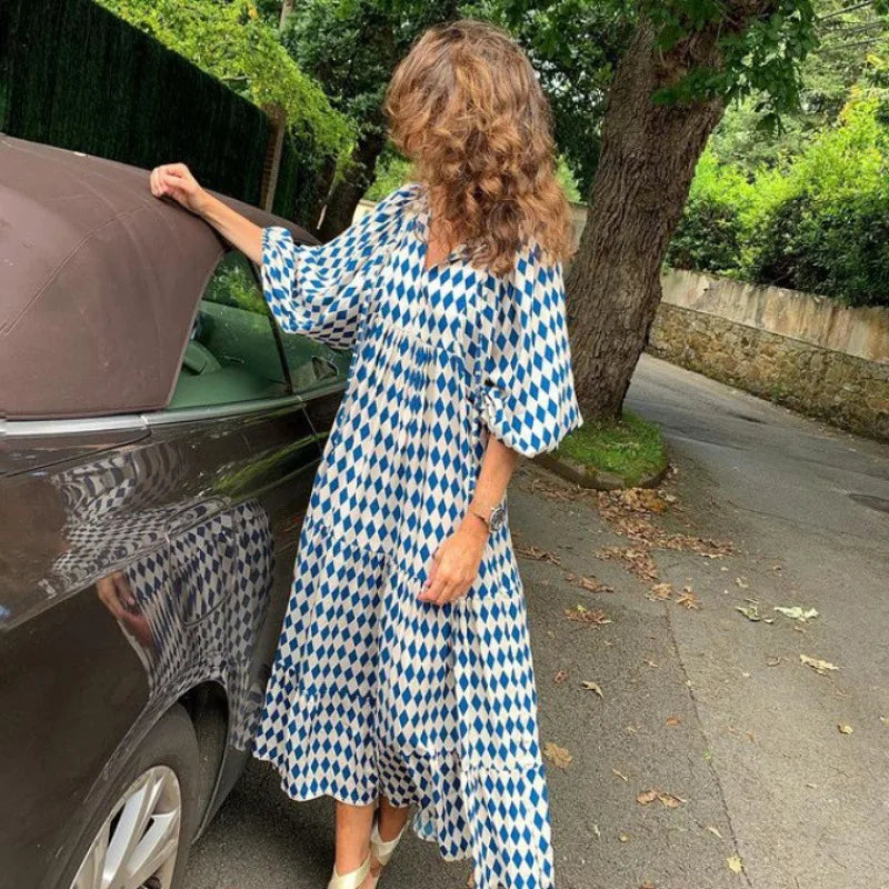 Spring Summer Loose Maxi Dresses Bohemian Floral Print Puff Sleeve V-Neck 2025 New Beach Dress Bodycon Casual Boho Vestidos Robe