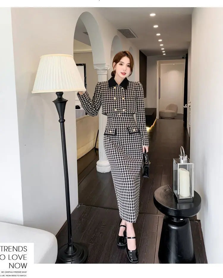 Spring Autumn New Dress Set Women Turn-down Collar Long Sleeve Button Patchwork Cardigan Elegant Slim All-match Slip Dresses