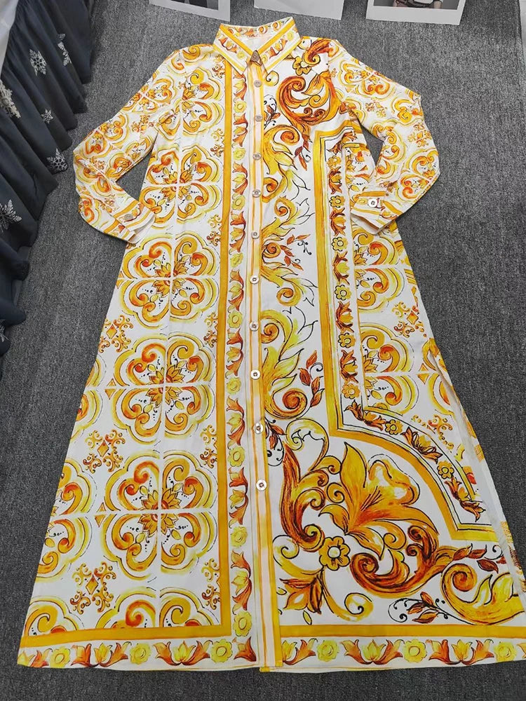 Fashion show spring and summer women's new printed casual shirt long skirt elegant single-breasted long-sleeved loose dress