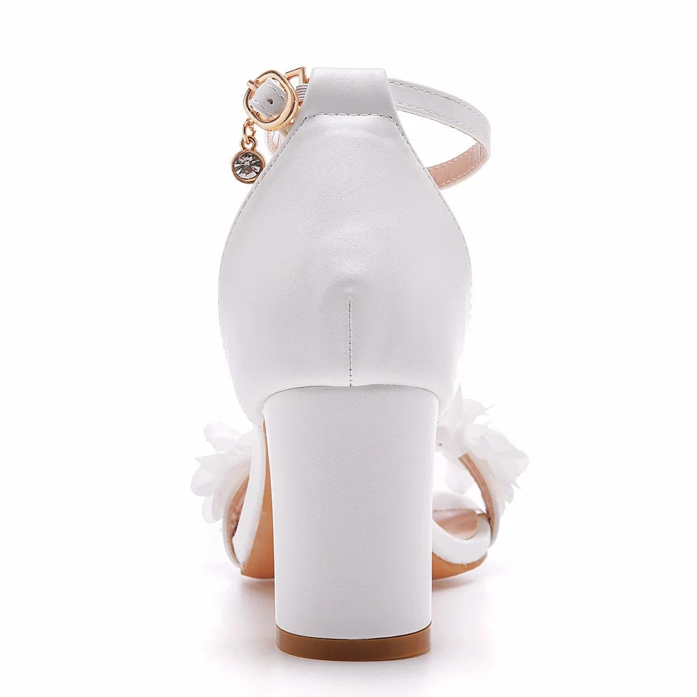 Flower Band Bridesmaide Shoes Woman Wedding High Heels Sandals Ankle Strap Wedges Cover Heeled Tacones Ladies Office Dress Pumps