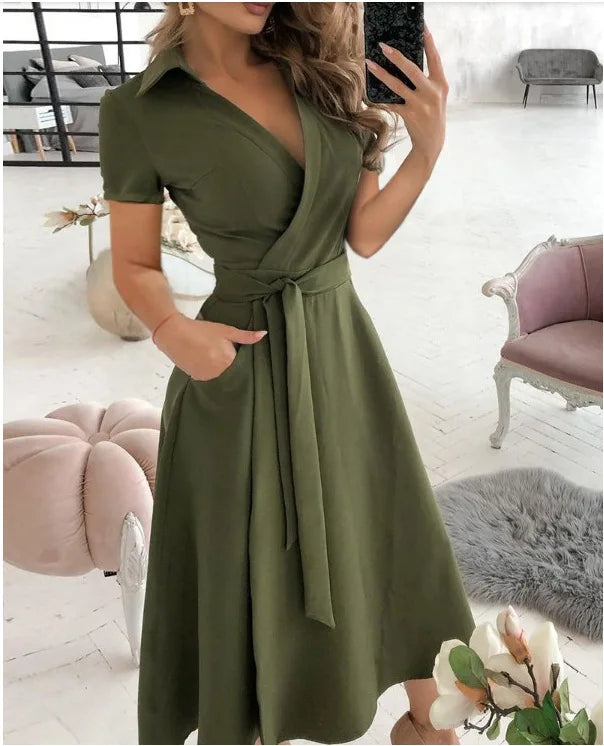 Women's New Short Sleeve Dress Spring Summer Fashion V-neck Printed Bag Hip Dress for Women Temperament Personality Wear