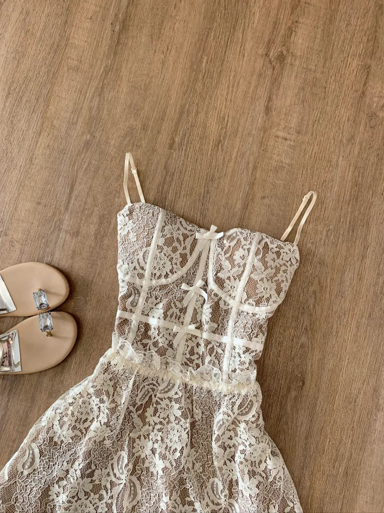 Spring Sleeveless Lace Dress Women Elegant Spaghetti Strap Slim Fit Floral Lace Party Dress Sexy Chic Casual Dress Outfit 2025