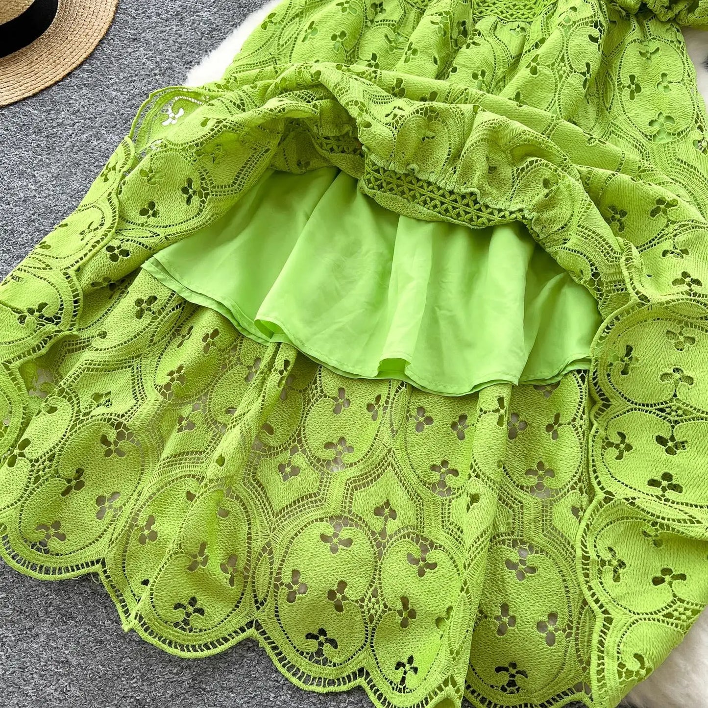 Spring French Vacation Fashion Dress Women Buttons Hook Flower Hollow Out Design 2025 High Quality Lace Ruffles Long Dress