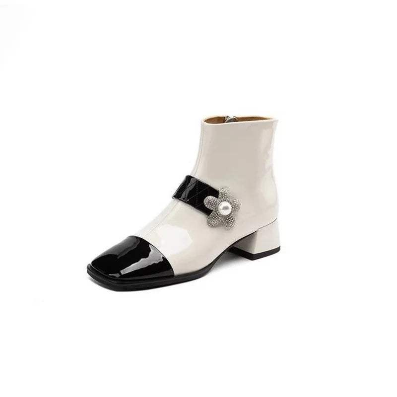 FHC Mixed Colors Ankle Boots,Women's Short Botas,Autumn/Winter Shoes Booties,Square Toe,Pearls,Side Zip,Black,White,Dropship