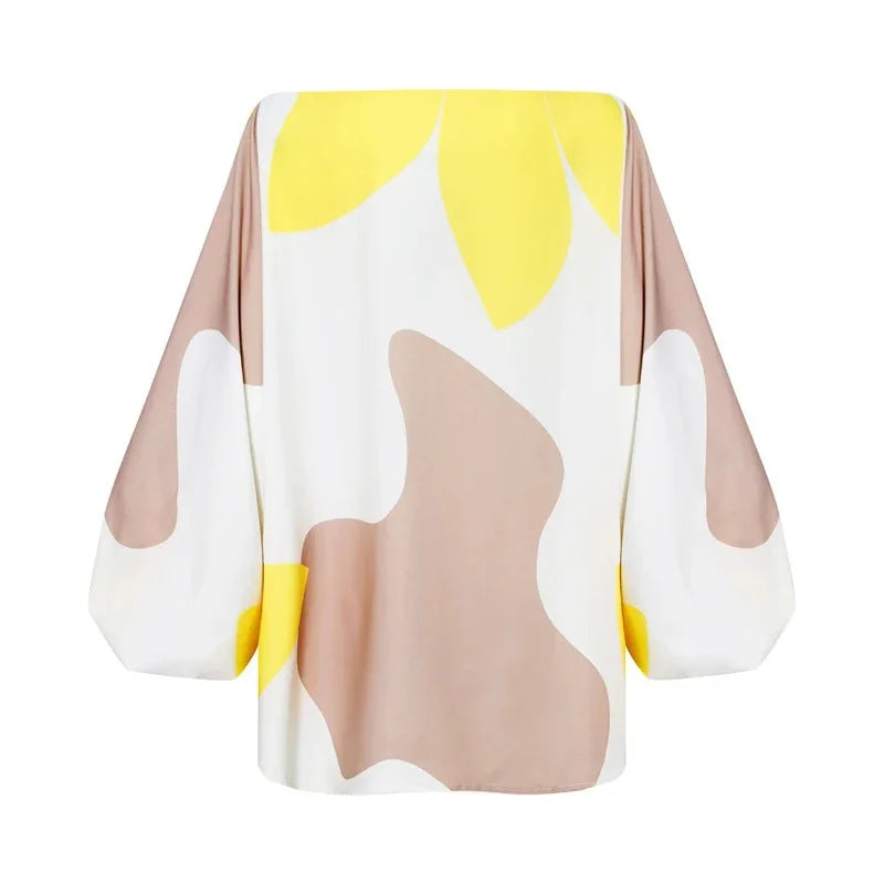 Spring Printing Dress Suits for Women Fashion Sexy One Shoulder Lantern Sleeve Top and Tassels Skirts Female Two Piece Sets