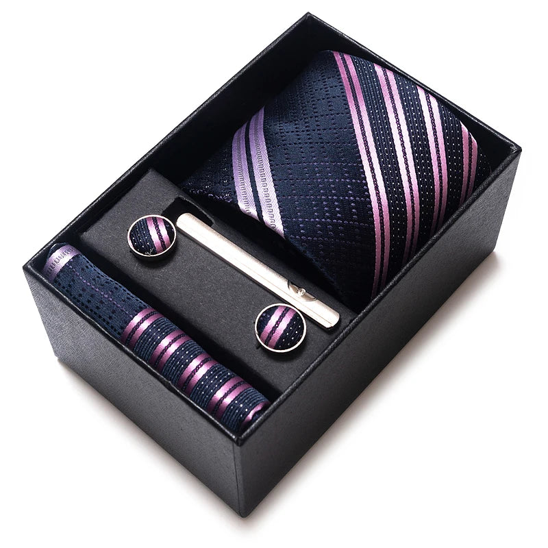Tie Handkerchief Cufflink Set For Men Necktie Holiday Gift Box Blue Gold Suit Accessories Slim Wedding Gravatas