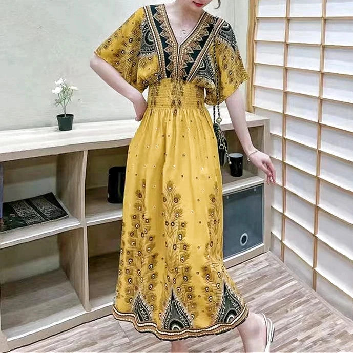 Spring New In Women's Dress V-Neck Short Sleeve Dress Elegant Sweet Print Dress Casual Retro Boho Elastic Waist A-Line Dress