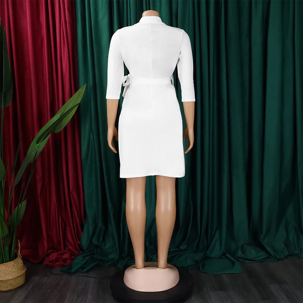 FairyShely 2025 Summer Solid Plus Size Folds Dress Women Long Sleeve Large Big Dresses Lady Belt Party Tight Curvy Short Dress