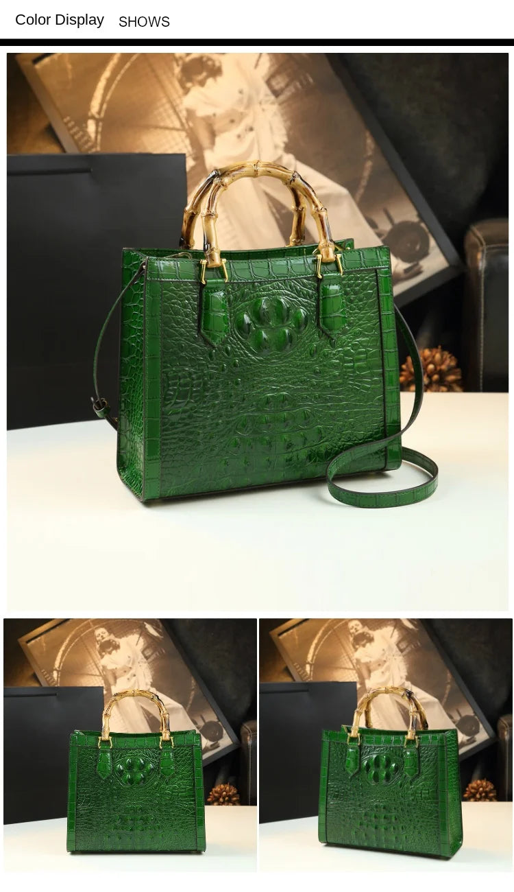 Crocodile Pattern Leather Women's Handbags Bamboo Handle Portable Tote Bag Mom Tide Shoulder Messenger Bags 2025 New Fashion