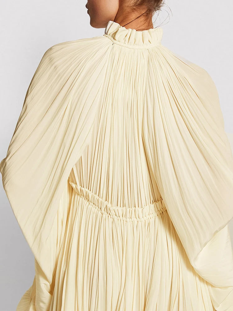 TWOTWINSTYLE Elegant Solid Dresses For Women V Neck Cloak Sleeves High Waist Spliced Lace Up Ruffles Pleated Dress Female Summer
