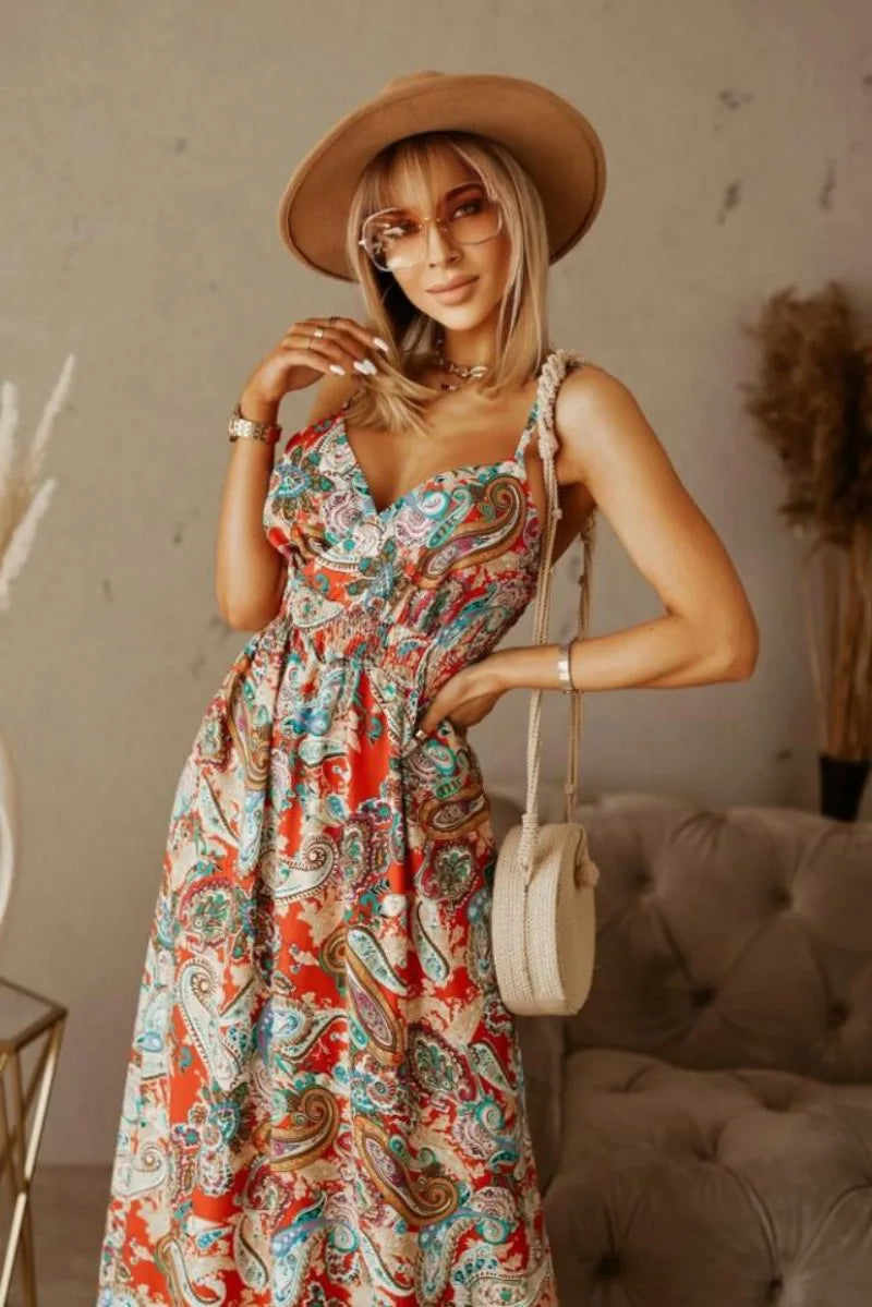 Spring Summer Elegant Women Corset Bohemian Dress Sexy New 2024 Fashion Strap V Neck High Waist Print Long Vacation Dress