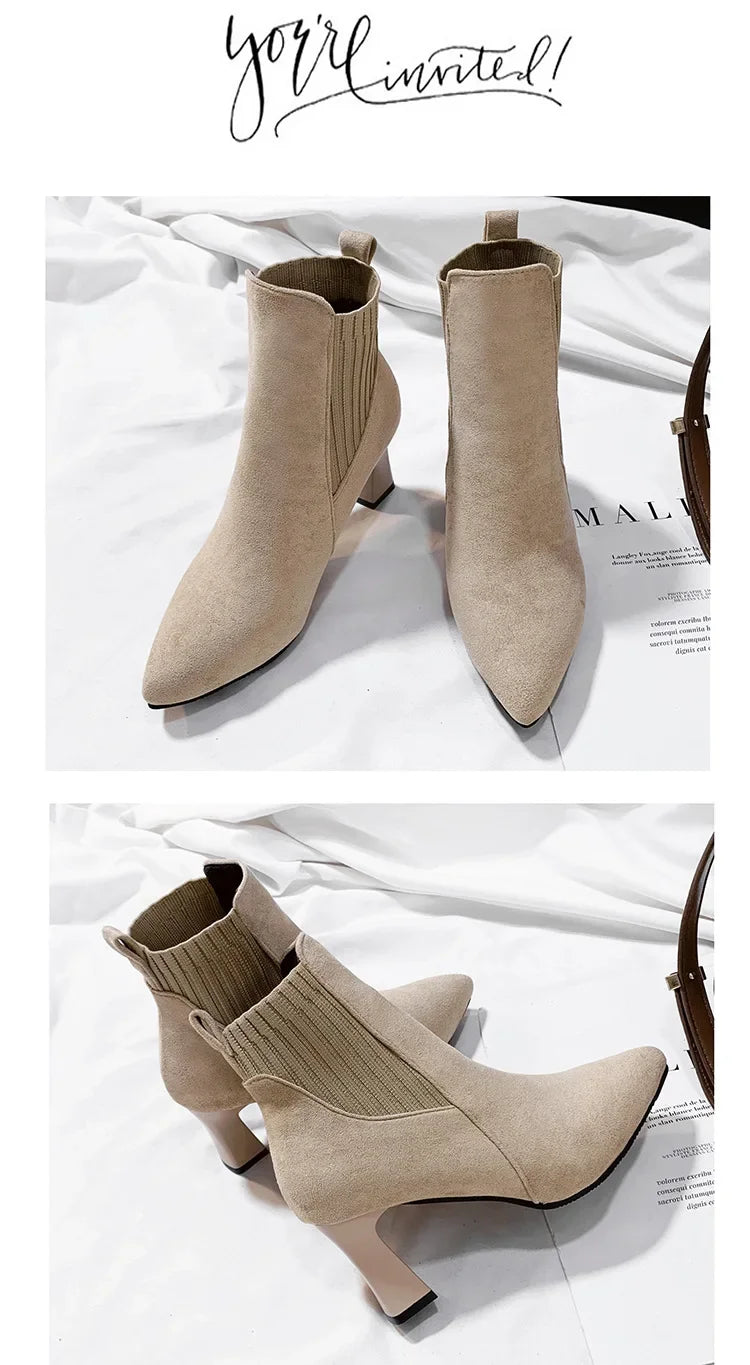 Ankle Boots Women 2024 Autumn Pointed Toe Knitted Warm Elastic Women's Shoes Casual High Heels Platform Boots Botas De Mujer