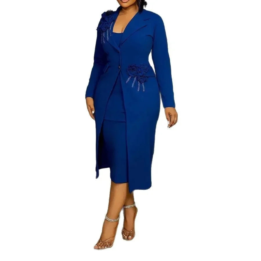 Elegant Elastic Slim Fit Floral Pearl Embellished Wrap around Suit Jacket with Inner Strap Two Piece Set Women's Fashion
